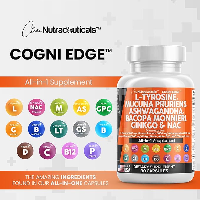 Clean Nutraceuticals L Tyrosine 1000mg Mucuna 6000mg Bacopa 500mg Ashwagandha 4000mg Focus 600mg NAC 5-HTP Ginkgo B1 B12 B12