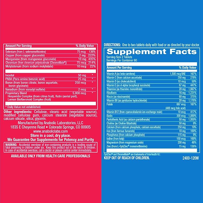 Anabolic Laboratories Daily Multivitamin for Men and Women - 120 AVED Daily Multi Vitamin and Minerals Supplement Tablets with Iron for Daily Health