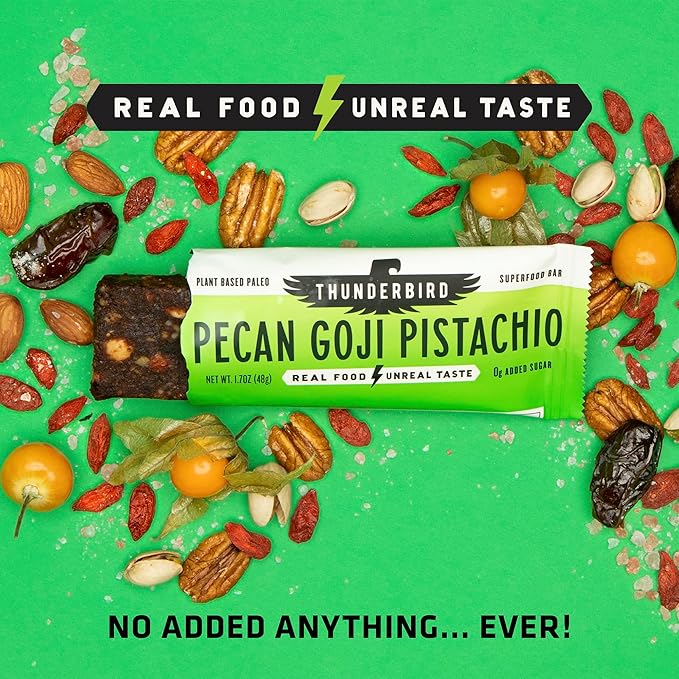 Thunderbird Bars Energy Snack, Gluten-Free with Protein, Healthy Real Food, Vegan Paleo Non-GMO, No Added Sugar, Pecan Goji Pistachio Flavor (12 Count, 1.7 oz. Bars)