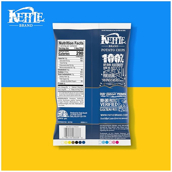 Kettle Brand Potato Chips, Salt & Vinegar Kettle Chips, Snack Bag, 2 Oz (Pack of 6)