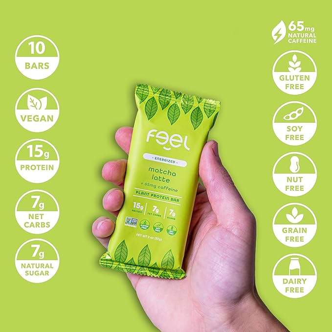 Feel Vegan Protein Bars | Matcha Latte | Keto | Gluten Free | Organic | 15g Plant Protein | Low Carb | High Protein | Dairy Free | Low Sugar | Grain Free | Nut Free | Soy Free | Non GMO - (Matcha Latte, 10 Pack)