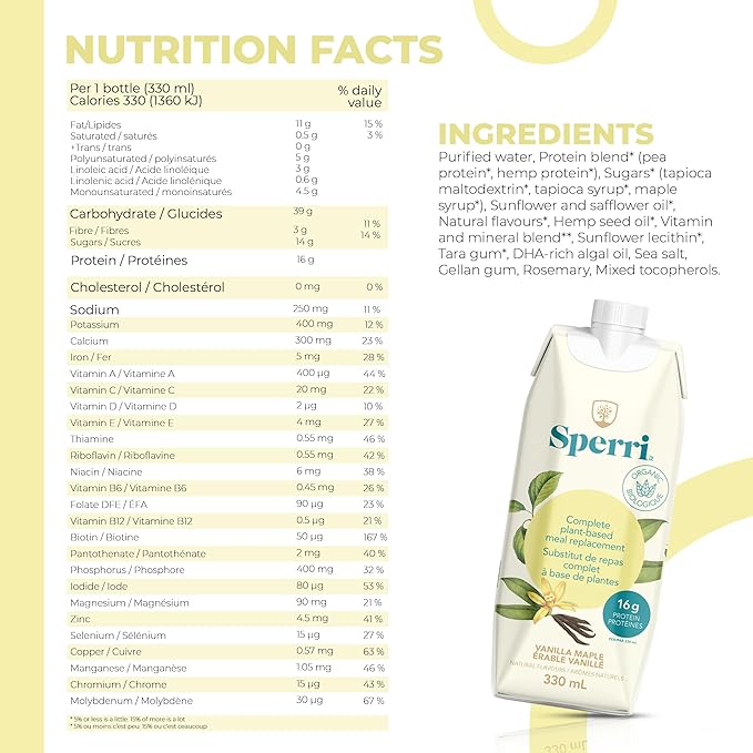 Sperri Plant-Based Meal Replacement Shake – Organic Protein Drink Made with Hemp & Pea Protein – Vegan Gluten-Free Dairy-Free Ready to Drink – Vanilla Flavor, 11.16 fl. oz. (12 Pack)
