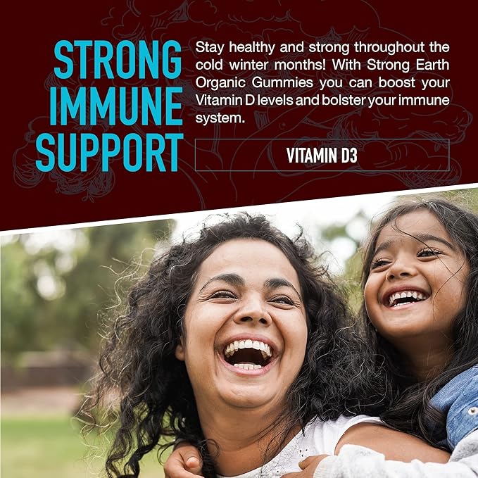 YUM-V'S Strong Earth Organic Vitamin D3 Gummies for Adults, (2000 iu Vitamin D 3 per Serving - 60 Count) for Bone & Immune Support, Vegan Chewable - Strawberry/Raspberry (60 Count)