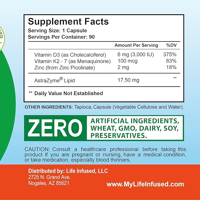 Life Infused Vitamin D3 + K2 Supercharged with Zinc and Enzymes, Help Maintain Healthy Immune System, Bone Health, Emotional Wellbeing, 90 Capsules.