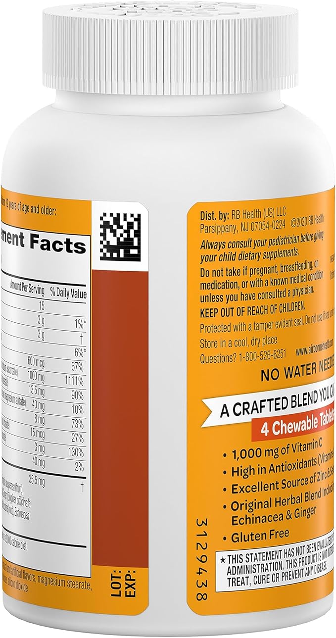 Airborne 1000mg Chewable Tablets with Zinc, 96 Tablets,