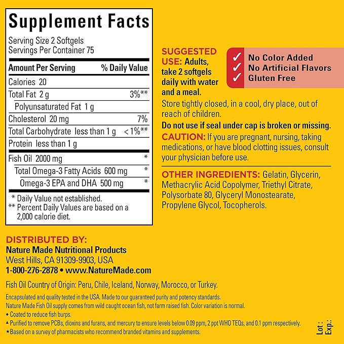 Nature Made Burp Less Fish Oil 1000 mg 3 Fish 3 Supplement 150 Softgels, 75 Day