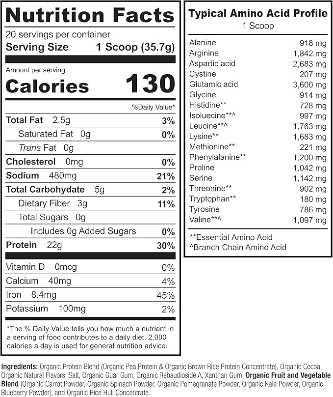 NATURELO Plant Protein Powder, Chocolate, 22g Protein 20 Servings