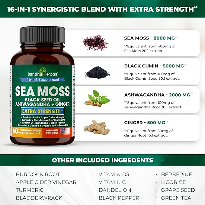 Sea Moss Black Seed Oil Ashwagandha 1 Supplement, 60 Capsules 2) |