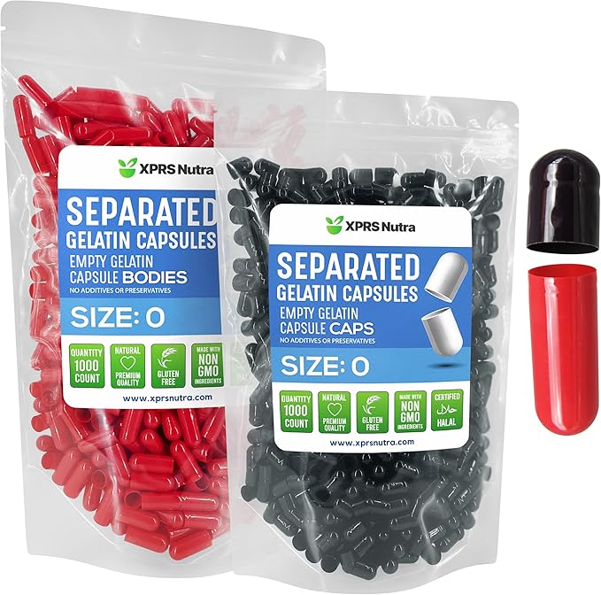 XPRS Nutra Gelatin Size 0 Separated Capsules - 1000 Count Empty Capsules Separated in Bags - Size 0 Gelatin Capsules - Empty Gelatin Capsules for DIY Supplement Filling (Black/Red)
