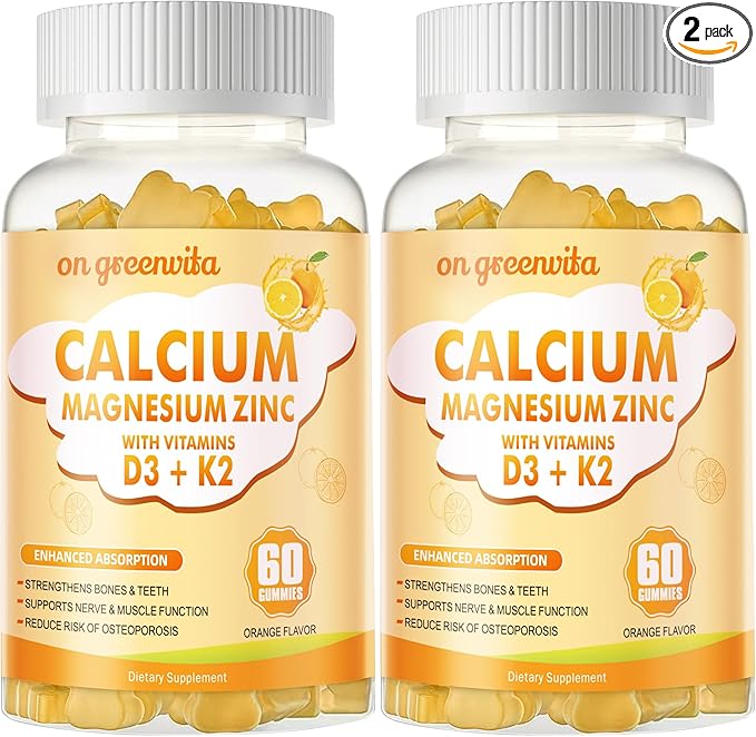 Calcium Magnesium Zinc Gummies with Vitamin D3 & K2 - High Potency Enhanced Absorption -120 Orange Gummies Flavored
