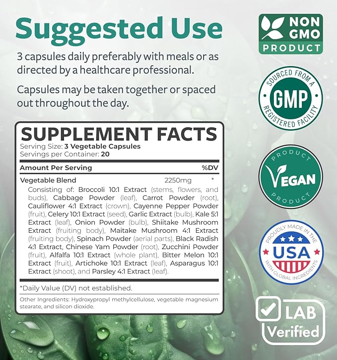 Super Greens Antioxidants Superfoods 2250mg Supplement 20 Ingredients 60 Capsules