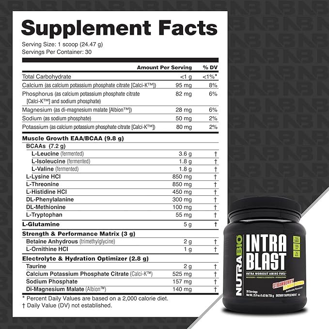 NutraBio Intra Blast Bcaa Powder Amino Acid Supplement, Electrolyte & Hydration Blend, Intra, Pre Workout & Muscle Recovery, 20g Eaa Amino Acids Powder, 5g Glutamine- Strawberry Lemon Bomb, 30 Serving