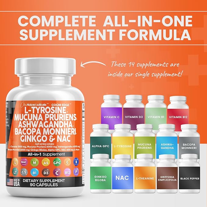 Clean Nutraceuticals L Tyrosine 1000mg Mucuna 6000mg Bacopa 500mg Ashwagandha 4000mg Focus 600mg NAC 5-HTP Ginkgo B1 B12 B12
