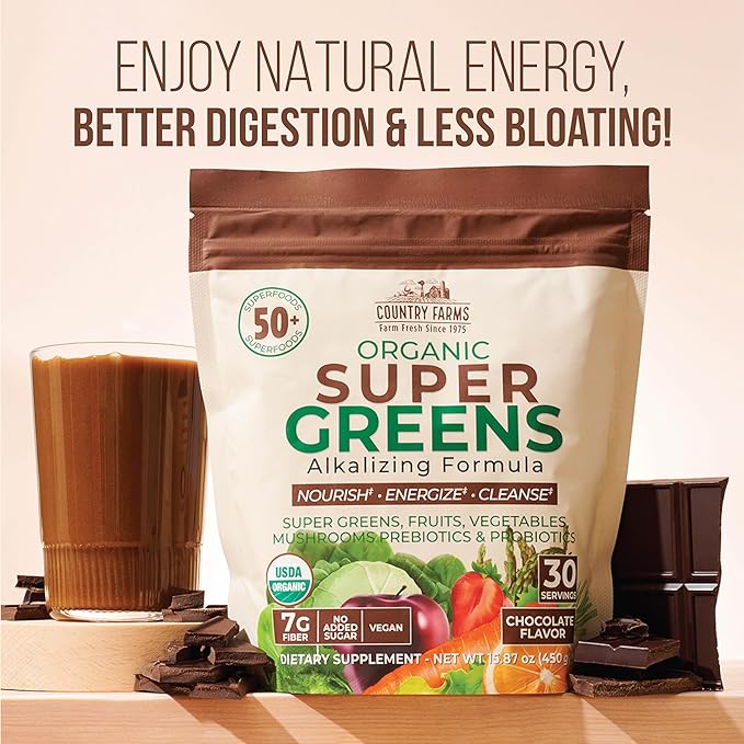 Country Farms Super Greens Chocolate Flavor, 50 Organic 30 Servings