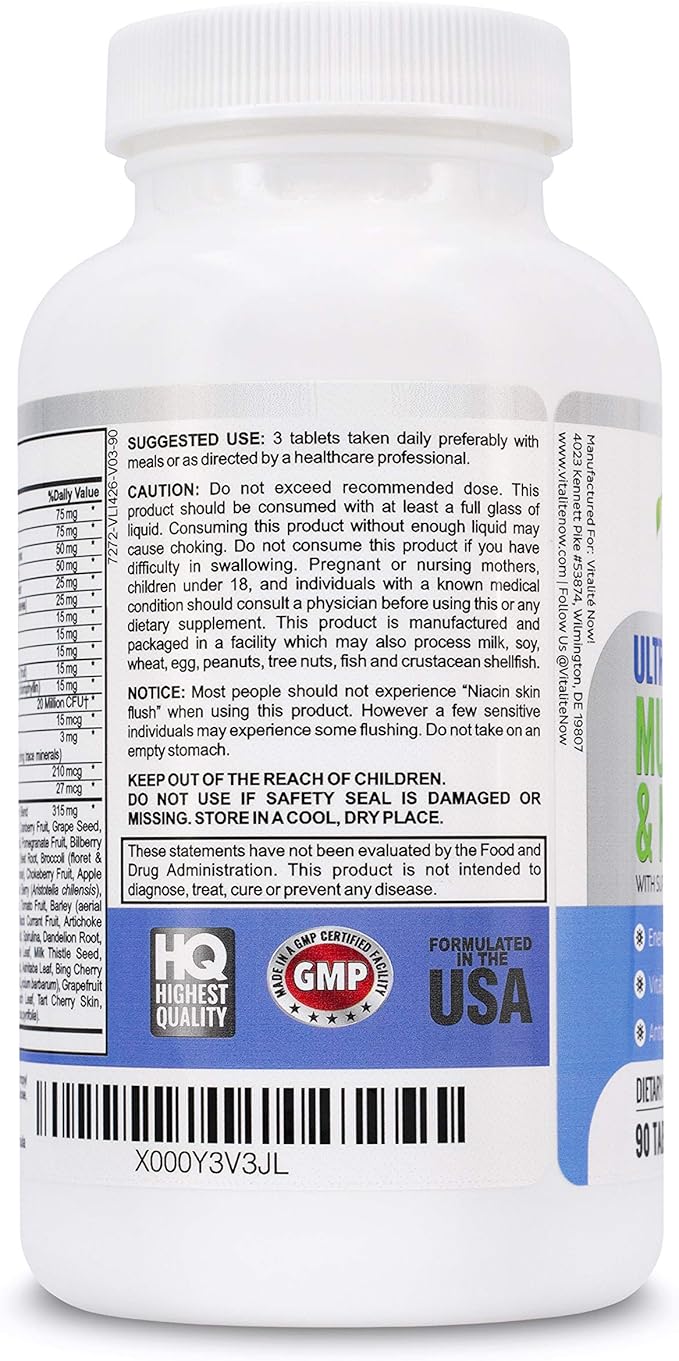 Vegan Whole Food Multivitamin & Mineral B1 B2 B2 B6 B6 B12 B12 C D3 E 110 Super 90 Tablets