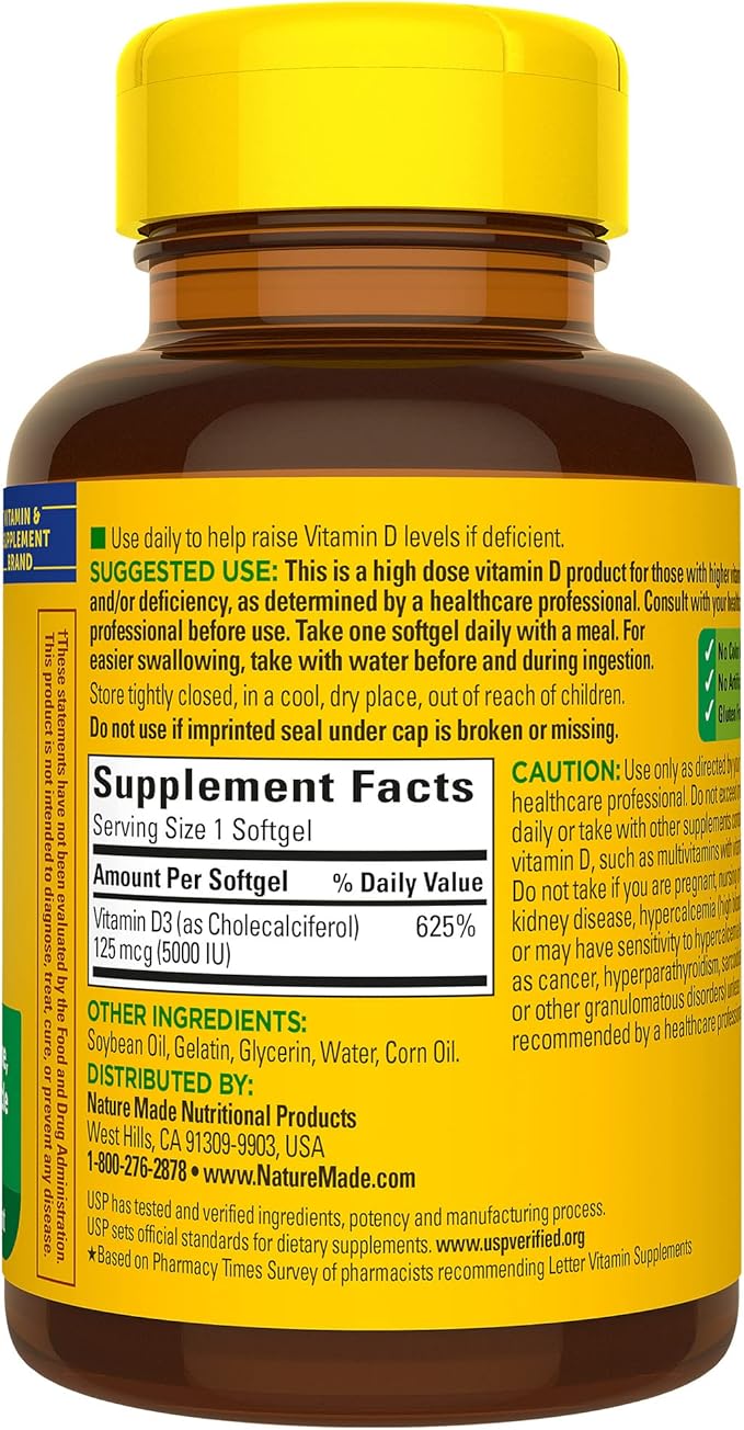 Nature Made Extra Strength Vitamin D3 5000 IU (125 mcg), 360 Softgels, 360 Day