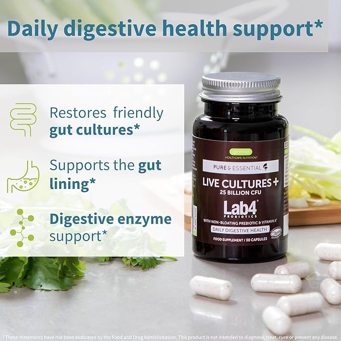 Live Cultures+ Lab4 Probiotics & Prebiotic, 25 Billion 30 Capsules,