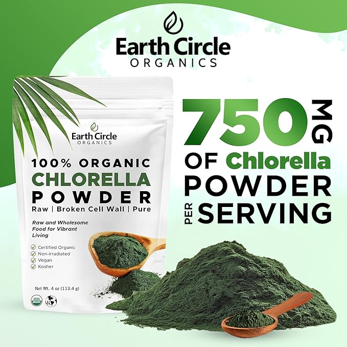 Earth Circle Organics Organic Chlorella Powder Superfood | Kosher | Broken Cell Wall Chlorophyll, Vegan, Super Green Algae, Clean Chlorella, High in Protein, Fiber & Amino Acids - 4oz