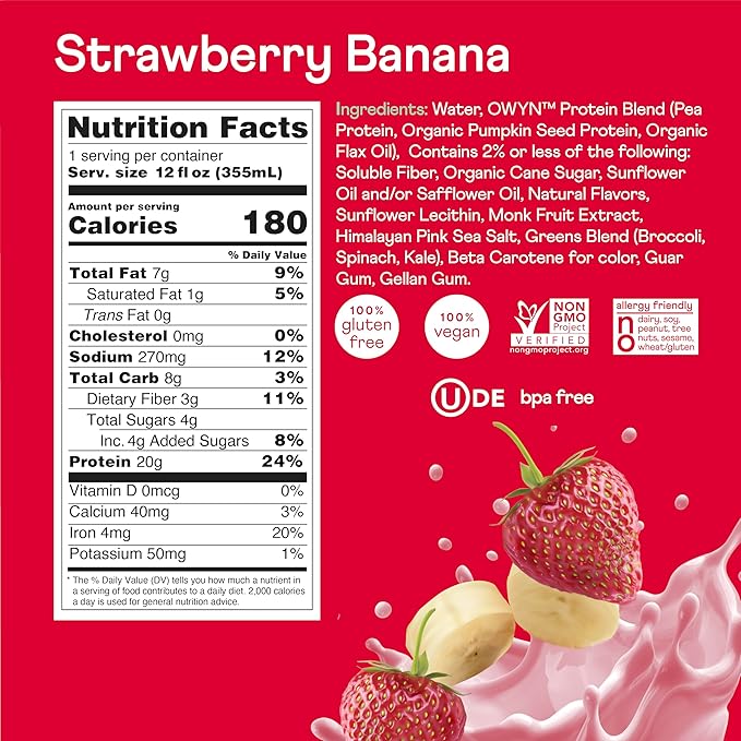 OWYN Only What You Need Vegan Protein Shake, Strawberry Banana, 20g Plant Based Protein, Omega-3, Prebiotic Supplements, Gluten-Free, Soy-Free, Non-GMO (24 Pack) (Packaging May Vary)