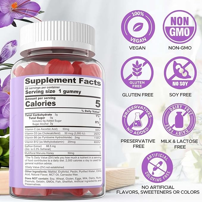 Sugar Free Saffron Gummies - Saffron Supplement Gummies 100% Pure Saffron Extract Whole Herb Gummies with Honey for Mood & Power, Vitamin B6, B12, D3, C - Organic, Vegan, Mixed Berry Flavor - 120Cts