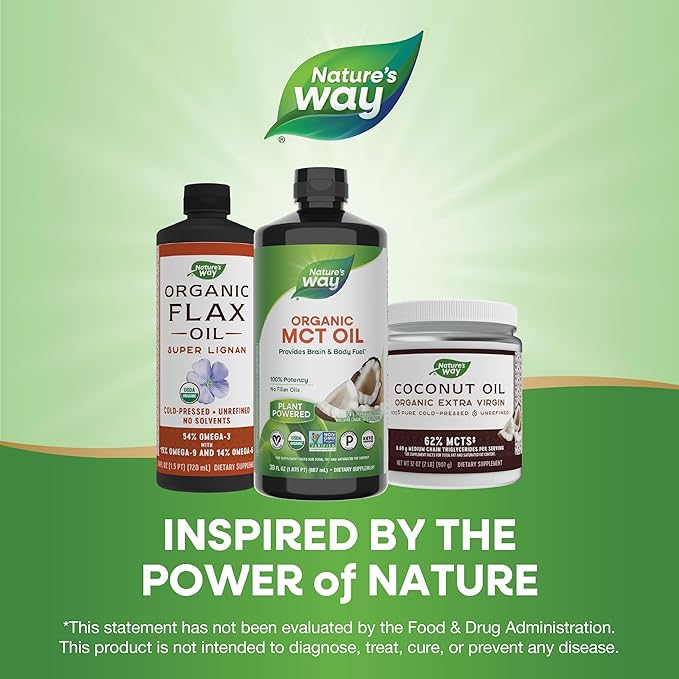 Nature's Way Organic MCT Oil, 30 Fl Oz, Brain and Body Fuel from Coconuts*, C8 Caprylic Acid and C10 Capric Acid, Keto and Paleo Certified, Organic, Non-GMO Project Verified (Packaging May Vary)