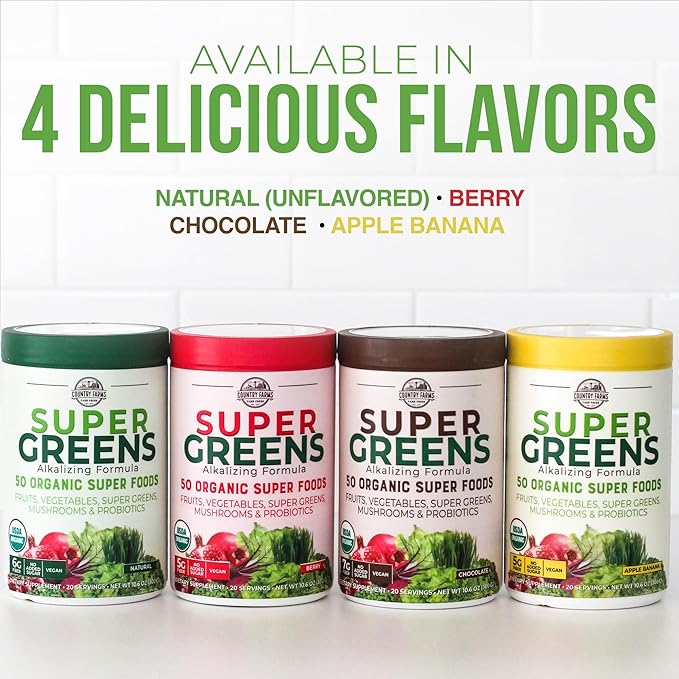 COUNTRY FARMS Super Greens Natural Flavor, 50 Organic 20 Servings, 10.6 Oz