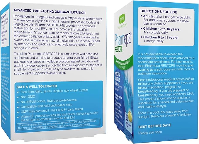 Pharmepa Restore, 1000mg Pure EPA Fish Omega-3, Triple 1-Month Supply, 60 Softgels