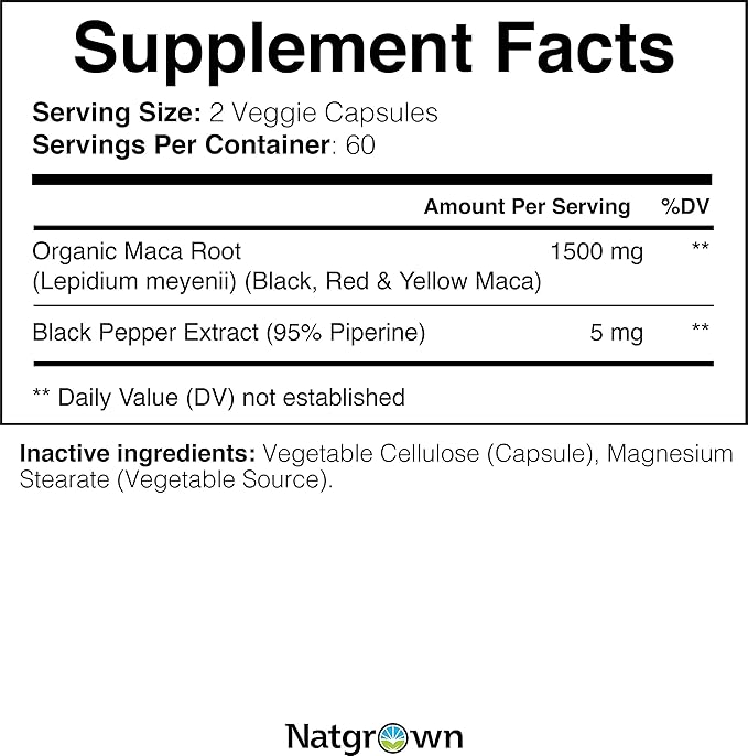 Natgrown Organic Maca Root Powder Capsules 1500 mg