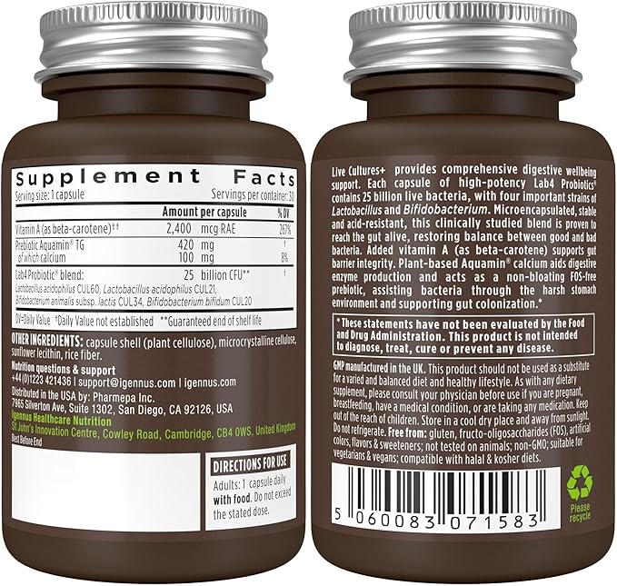 Igennus Probiotics & Prebiotic, Lactobacillus Acidophilus & Bifidobacterium, Live Cultures+ Lab4, Guaranteed 25 Billion CFU, for Women & Men, Non-Bloating Gut Health Support, Non-GMO, 6 x 30 Capsules
