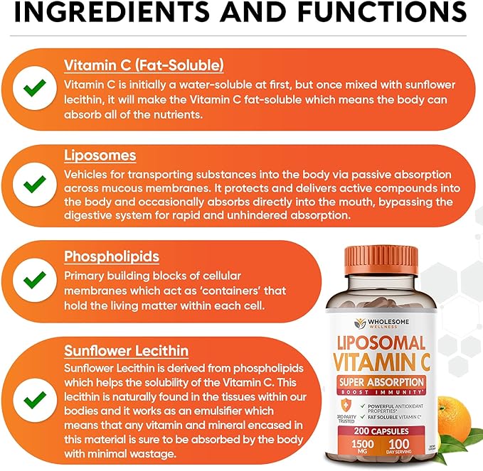Liposomal Vitamin C Capsules (200 Pills 1500mg Buffered)