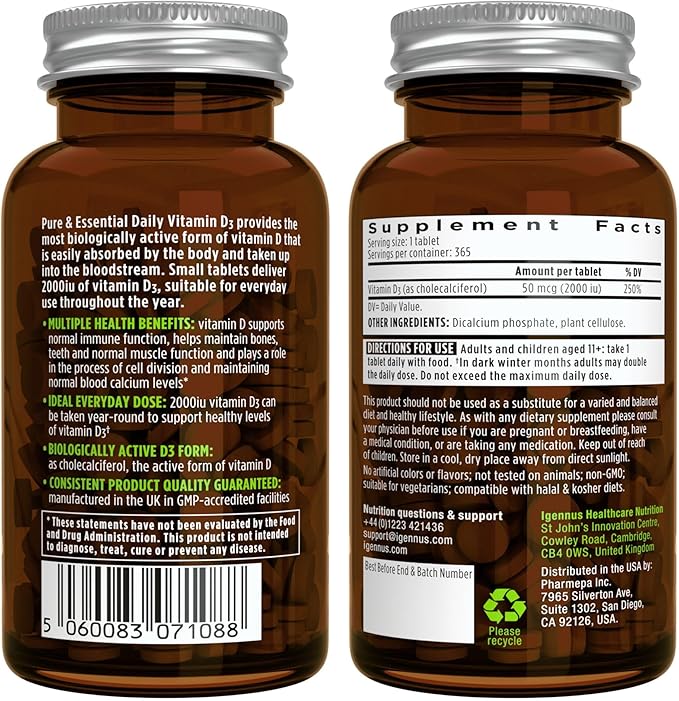 Pure & Essential Daily Vegetarian Vitamin D3 2000iu, 2000iu, Cholecalciferol, 365 Small 1-A-Day 1-Year 1-Year Supply,