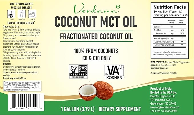 Verdana Coconut MCT Oil, Fractionated, Genuine 100% Coconut Derived, Kosher Food Grade, Vegan, NON-GMO, Great for Keto and Paleo Diet, Ayurvedic Oil Pulling Oral Rinse Mouthwash (1 Gallon)