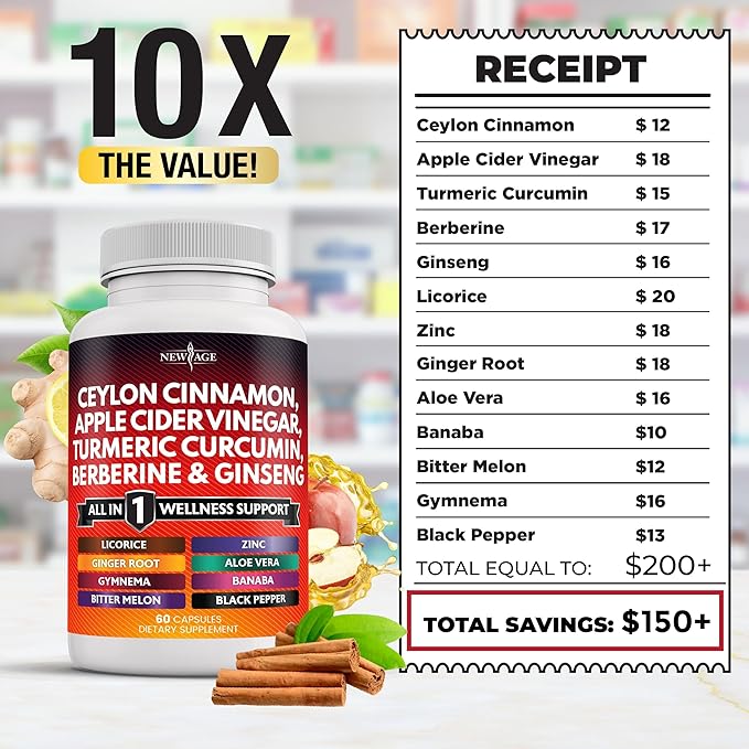 Ceylon Cinnamon 3000mg Turmeric 3000mg Apple 3000mg Ginseng 2000mg Aloe 2000mg Berberine 1200mg Plus 60 Count