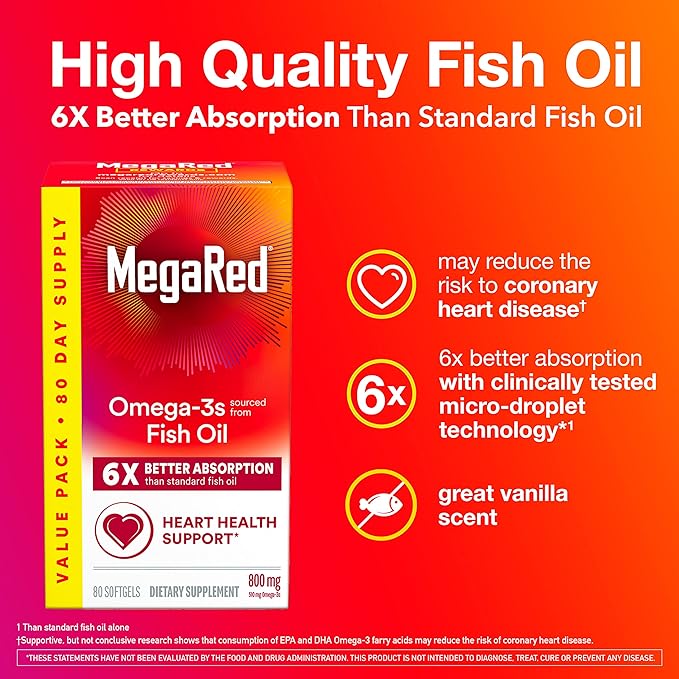 MegaRed Omega 3 Fish Oil Supplement 800mg (per 6X Absorption 3 Fatty (80cnt Box),
