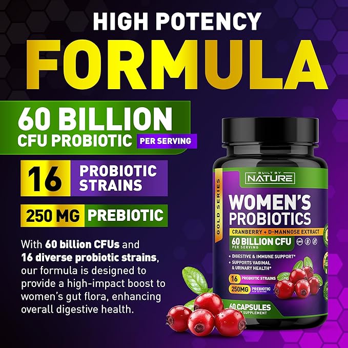Probiotics for Women - 60 Billion CFUs, 16 Strains, with Cranberry, D-Mannose & Prebiotics - Supports Digestive, Immune, & Vaginal Health - Non-GMO, Dairy & Gluten-Free - 60 Veggie Capsules