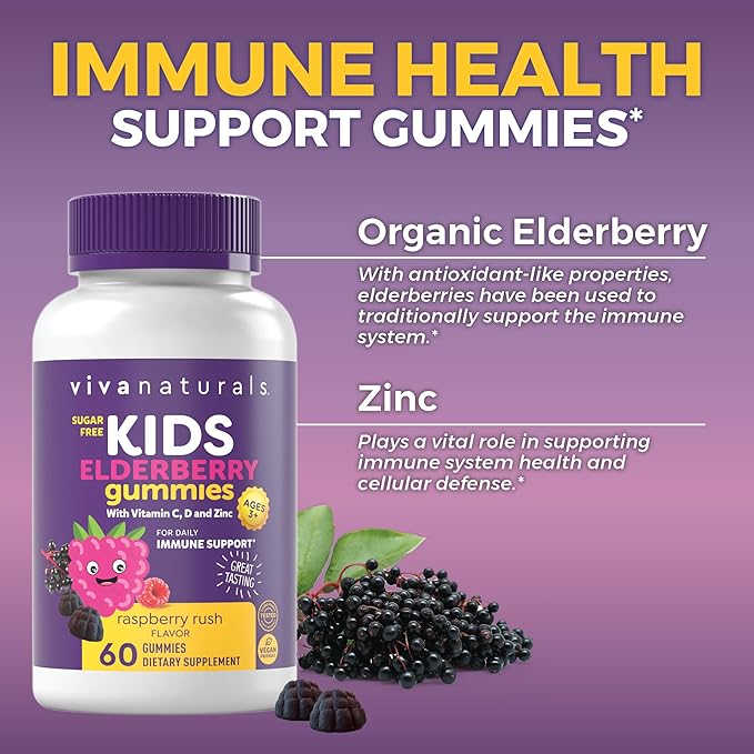 Viva Naturals 8in1 Elderberry Gummies for Kids with Vitamin C, D and Zinc - 60 Sugar Free Kids Immune Support Black Elderberry Gummies - Elderberry Vitamin C and Zinc Immune Support Supplement