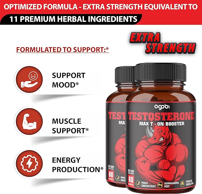 2 Packs 60 Capsules - Testosterone Booster for Men, Muscle Build, Energy & Endurance Support - 11 Herbs Combined with Ginseng, Ashwagandha, Tribulus & More