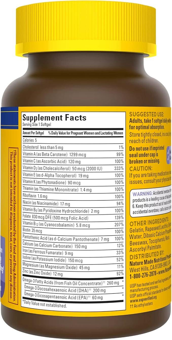 Nature Made Postnatal Multivitamin + DHA 200 mg, D3, Calcium, 60 Softgels