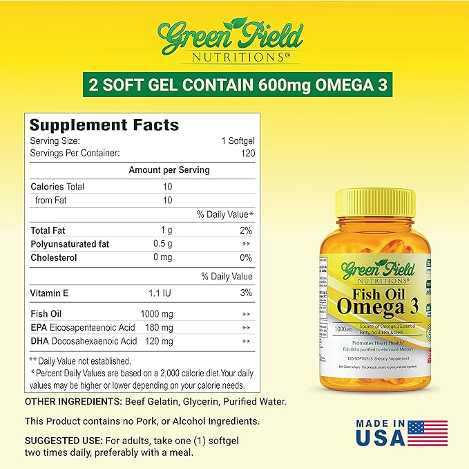 Greenfield Nutritions Halal Fish Oil 1000mg, 300mg Halal 3, Small 180mg & 120mg, Non-GMO, 120 Pills