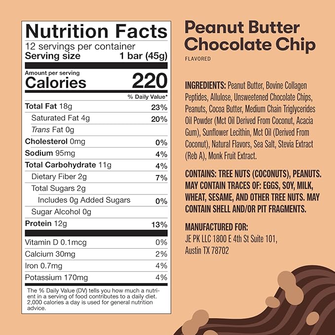 Perfect Keto Collagen Protein Bar, Gluten Free Grass Fed Collagen + MCT Oil, Low Carb, No Sugar Added, High Protein Snacks, Keto Diet Foods, 13g Protein, 18g Fat, 3g Net Carbs, Peanut Butter Chocolate Chip, 12 Bars