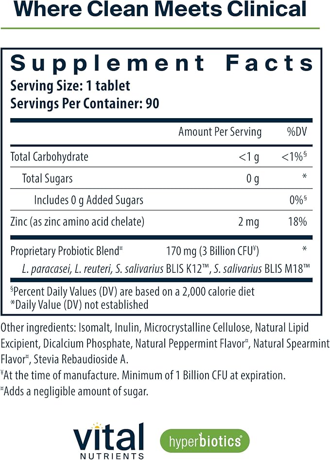 Hyperbiotics Vital Nutrients Pro Dental Probiotic | Clinically Studied BLIS K12 and M18 | Oral Probiotics for Bad Breath Treatment for Adults | Oral Health for Teeth and Gums | 90 Mint Tablets