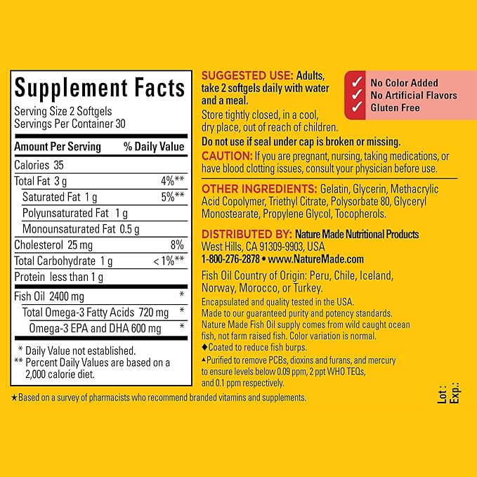 Nature Made Burp Less Fish Oil 1200 mg, 3 Fish 3 Supplement 60 Softgels, 30 Day