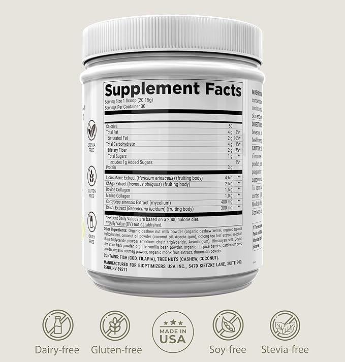 BiOptimizers Mushroom Coffee Alternative – Chai Drink – Lion’s Mane, Chaga, Reishi + Collagen Peptides for Focus, Energy & Gut Health – Adaptogenic Mushrooms & MCT Powder – 30 Servings