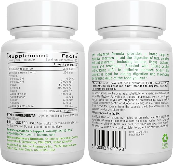 Advanced Digestive Enzymes & Betaine HCl, with Protease, Broad Spectrum, Lipase & Lactase, Plant-Based Vegan Papain & Bromelain, Clean Label, 90 Capsules, by Igennus