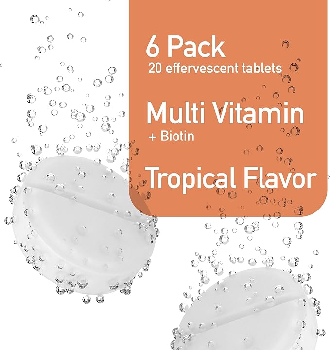 Effervescent Multivitamins + Biotin for Wellness and Vitality Dietary Supplement with Vitamins C, E, B1, B2 B6, B12, A, and D3, 6-Pack, 120 Tablets