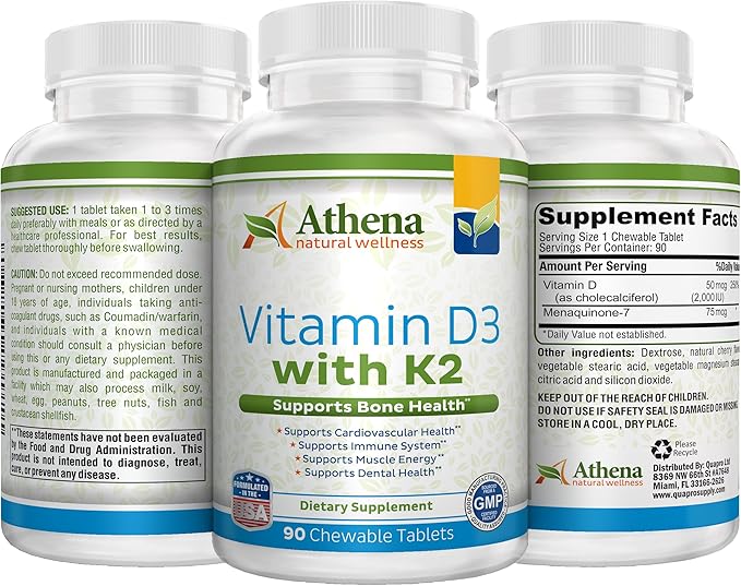 Athena - Vitamin D3 2000IU with K2 (MK7) - 90 Chewable Tablets - Supports Immune System - Muscle Energy - Strong Bones - Healthy Dental
