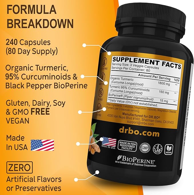Turmeric Curcumin with BioPerine Supplement Capsules 1950mg Curcuma 240 Turmeric