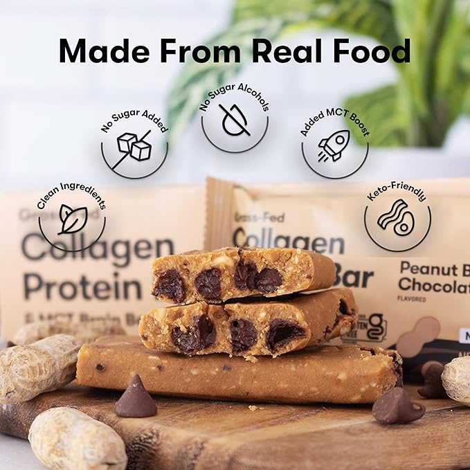 Perfect Keto Collagen Protein Bar, Gluten Free Grass Fed Collagen + MCT Oil, Low Carb, No Sugar Added, High Protein Snacks, Keto Diet Foods, 13g Protein, 18g Fat, 3g Net Carbs, Peanut Butter Chocolate Chip, 12 Bars