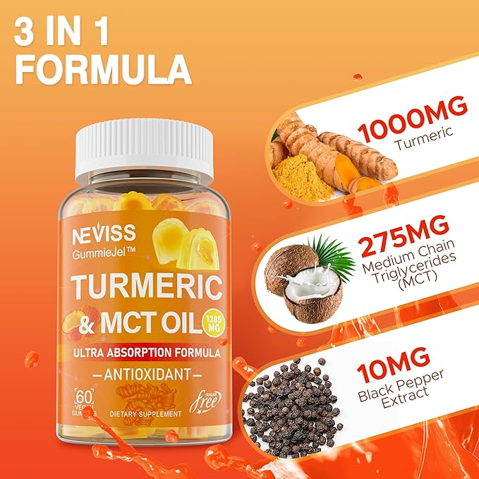 Turmeric Gummies 1000mg w/MCT Oil C8 C10, Organic Antioxidant, Sugar Free Turmeric Curcumin Supplement + Black Pepper Extract Support Flexible & Comfort, Digestion, Energy, Ultra Absorption, 60 Counts