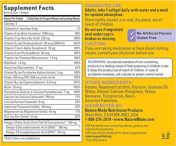 Nature Made Postnatal Multivitamin + DHA 200 mg, D3, Calcium, 60 Softgels